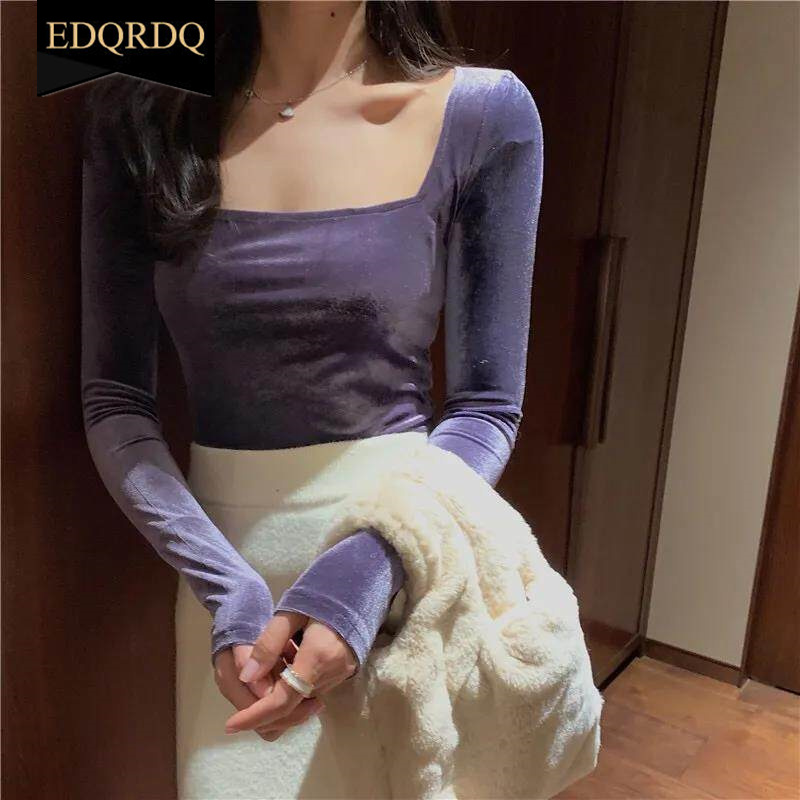 EDQRDQ Womens Vintage Velvet Long Sleeve Square Neck T Shirts Tops Tees
