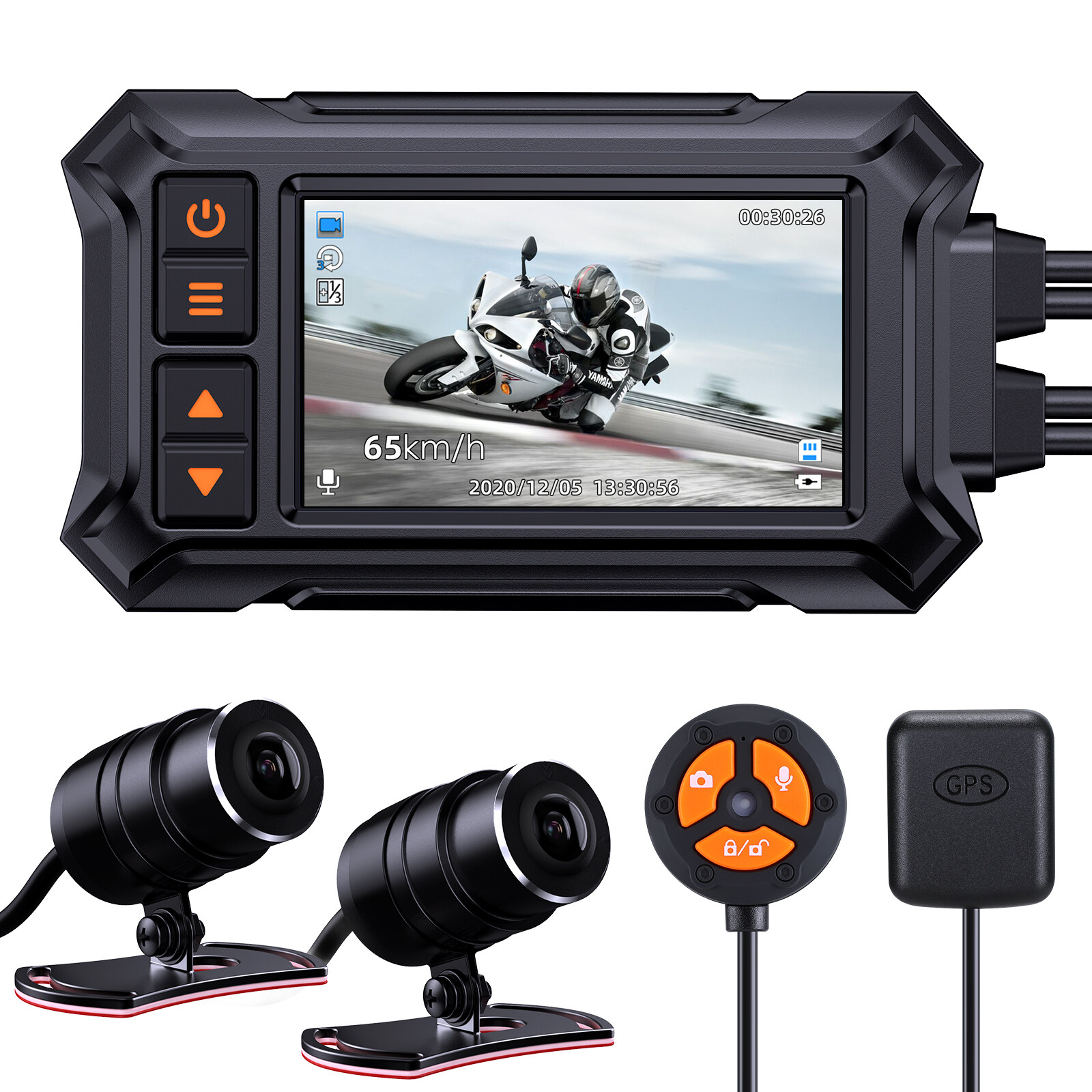 Motorcycle Dash Camera Overall Waterproof, BlueSkySea A12 Front and Rear 1080P + 1080P Motorbike Dashcam Built-in WiFi GPS 150° Wide-angle Loop Recording G-Sensor Parking Mode
